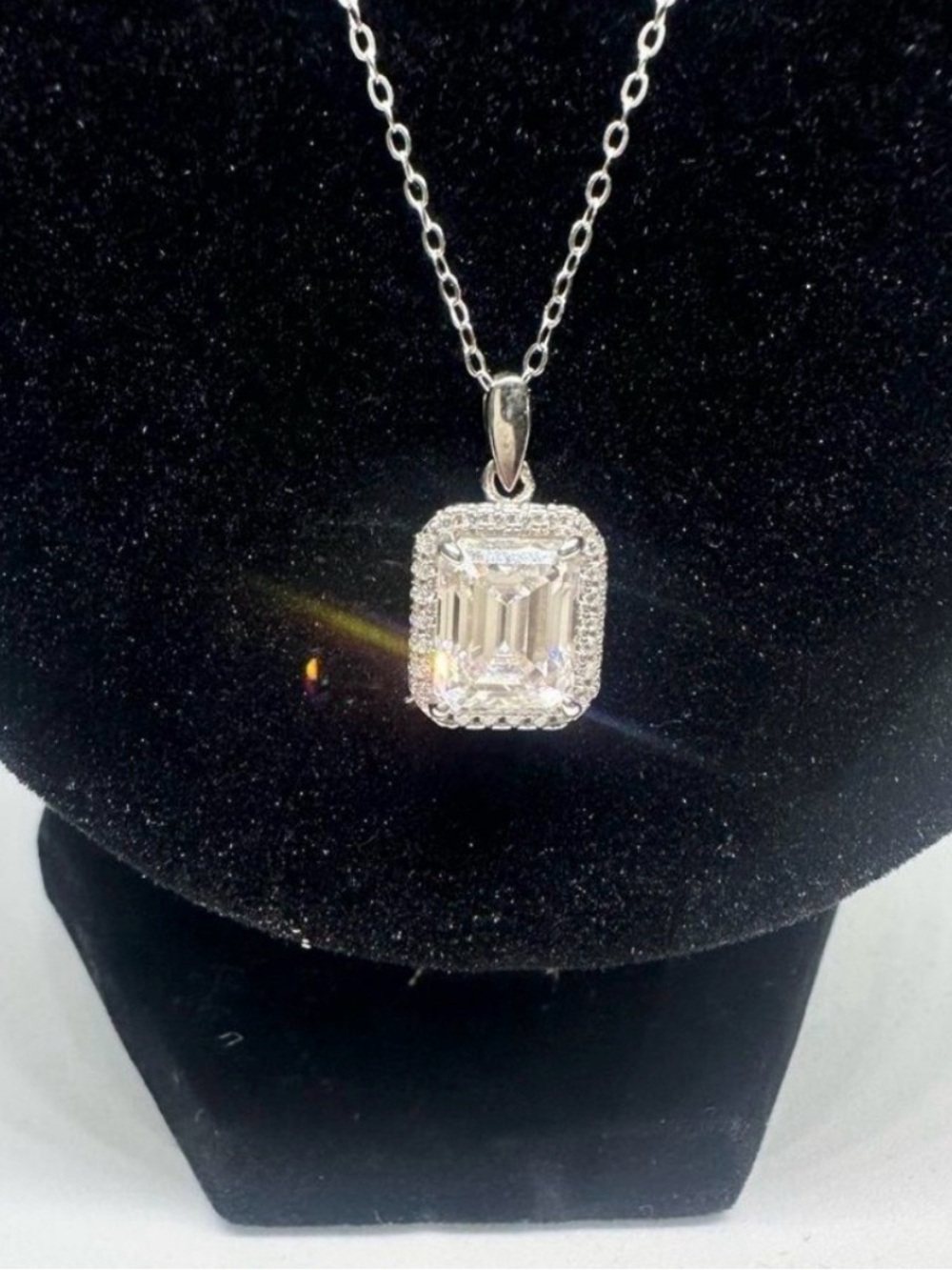 Sterling Silver 3 CT for sale Emerald-Cut Halo Pendant Necklace